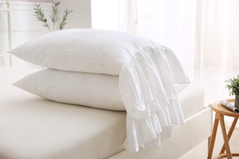 Meaning4 White Bed Pillow Covers Shams Cases with Long Ruffles Standard Size Cotton Shabby Chic Pillowcases 20"X26" 2pcs Soft - Image 3